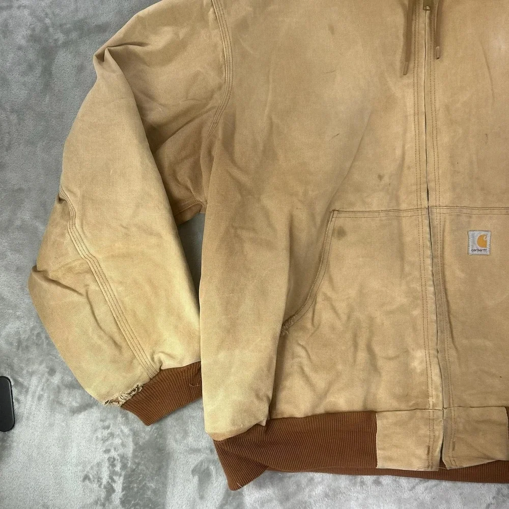 Vintage Carhartt Jacket Mens 2XL Beige Canvas Hooded Full Zip Workwear USA